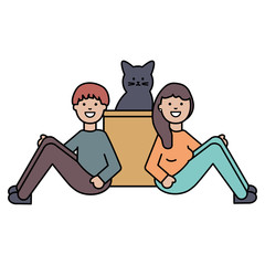 young couple with cute cat mascot