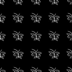 Fototapeta premium Butterfly seamless outline vector in line art style on black background. Line art butterfly. Cartoon animals. Simple design seamless pattern. Exotic wallpaper. Abstract pattern