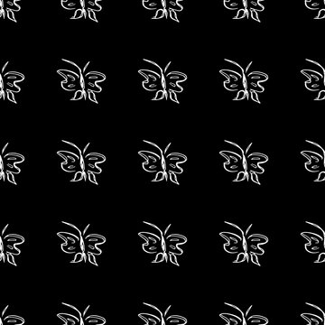 Butterfly seamless outline vector in line art style on black background. Line art butterfly. Cartoon animals. Simple design seamless pattern. Exotic wallpaper. Abstract pattern