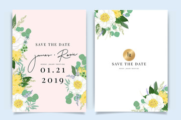 Summer Flower Wedding Invitation set, floral invite thank you, rsvp modern card Design in Pink peony and white  floral with leaf greenery  branches decorative Vector elegant rustic template