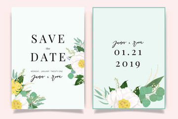 Summer Flower Wedding Invitation set, floral invite thank you, rsvp modern card Design in Pink peony and white  floral with leaf greenery  branches decorative Vector elegant rustic template