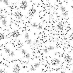 Fototapeta na wymiar Butterfly seamless outline vector in line art style on white background. Line art butterfly. Cartoon animals, flowers and dots. Simple design seamless pattern. Exotic wallpaper. Abstract pattern