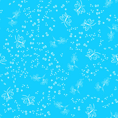 Butterfly seamless outline vector in line art style on blue background. Line art butterfly. Cartoon animals, flowers and dots. Simple design seamless pattern. Exotic wallpaper. Abstract pattern
