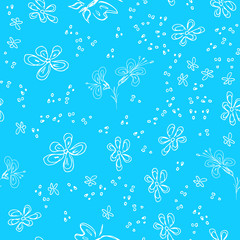 Butterfly seamless outline vector in line art style on blue background. Line art butterfly. Cartoon animals, flowers and dots. Simple design seamless pattern. Exotic wallpaper. Abstract pattern
