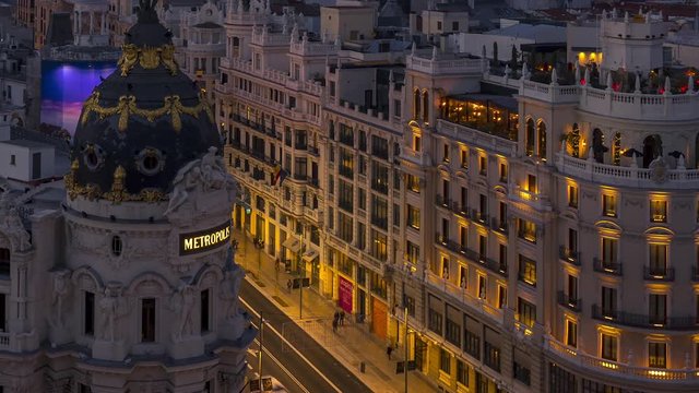 Timelapse of the Gran Via street in Madrid, Spain. Views from azotea del Circulo rooftop.