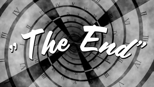 Words The End are displayed on clock in the background