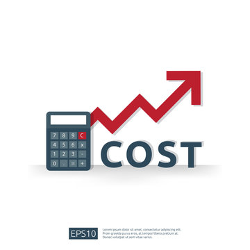 cost fee spending increase with red arrow rising up growth diagram. business cash reduction concept. investment growth progress with calculator element in flat design vector illustration