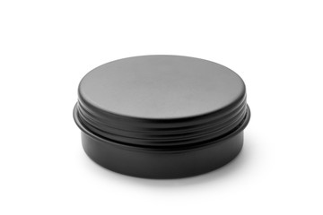 Black aluminum jar isolated on white background. Container for cosmetic or food.