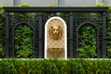 lion head sculpture with small water stream from among the green leaves