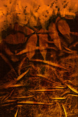 Abstract hand painted orange rusty fabric background with leaves