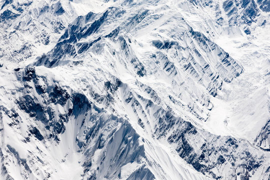Aerial view of Karakoram or Karakorum  mountains spanning the borders of Pakistan, India, and China.