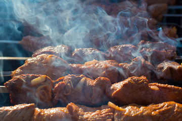  Meat on grill. Morning BBQ. Cooking barbecue on the grill with smoke. Cook fresh marinated meat with onions. Grill marinated barbecue is prepared on the grill on the coals.