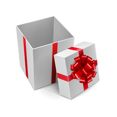 Opened white square gift box with shiny red ribbon. Festive present box for retail branding with silk tape decoration. Side view of realistic empty container isolated on white vector illustration.