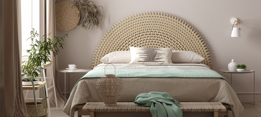 Scandinavian bedroom interior with bed in pastel beige and mint colors, 3d rendering