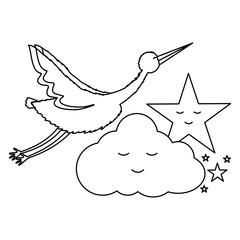 stork bird flying with cloud and star kawaii characters