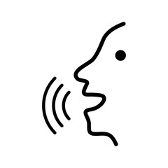 Voice command with sound waves. Black head. Silhouette speaking. Voice icon. Person talking. Man says. Voice recognition. Flat sign on white background. Vector illustration.