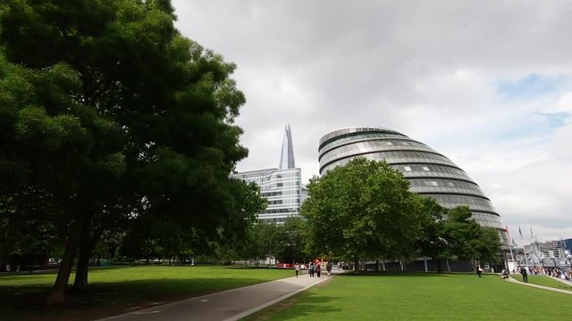 City Hall And The Shard In London, England, United Kingdom. Slow Motion