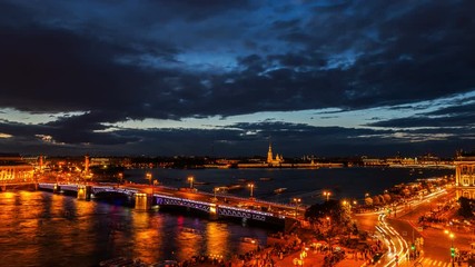 St. Petersburg, opening Palace bridge. Time-lapse photography view from the roof to Neva water area, Peter and Paul Fortress, Palace bridge and the Spit of Vasilyevsky Island