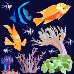 Fototapeta na wymiar set of images of bright exotic fish , coral , actinium isolated on dark blue background