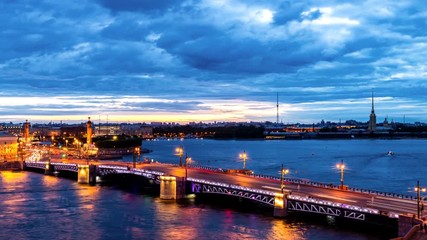 St. Petersburg, opening Palace bridge. Time-lapse photography view from the roof to Neva water area, Peter and Paul Fortress, Palace bridge and the Spit of Vasilyevsky Island