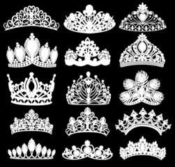 illustration set of silhouettes of ancient crowns, tiaras, tiara - obrazy, fototapety, plakaty