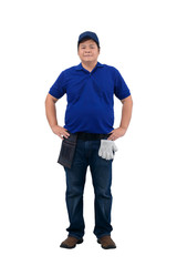 Fototapeta premium asian delivery man working in blue shirt with Waist bag for equipment isolated white background