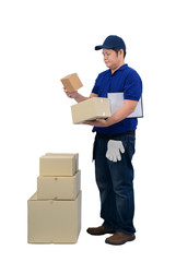 asian delivery man working in blue shirt with Waist bag for equipment isolated white background