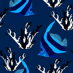 marine seamless pattern of bright blue striped tropical fish and black and white coral on a dark background