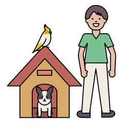 young man with dog and bird in wooden house