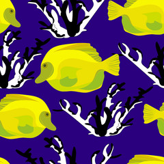 marine seamless pattern of bright yellow tropical fish and contrasting black and white coral on a dark background