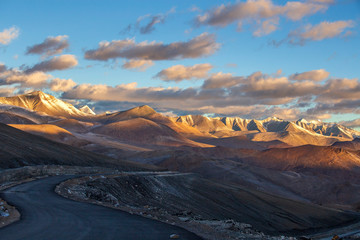 Himalayan mountain landscape along Leh to Manali highway during sunrise. Rocky mountains in Indian Himalayas, India