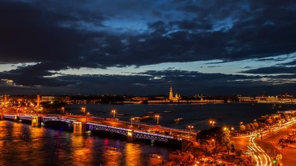 St. Petersburg, opening Palace bridge. Time-lapse photography view from the roof to Neva water area, Peter and Paul Fortress, Palace bridge and the Spit of Vasilyevsky Island