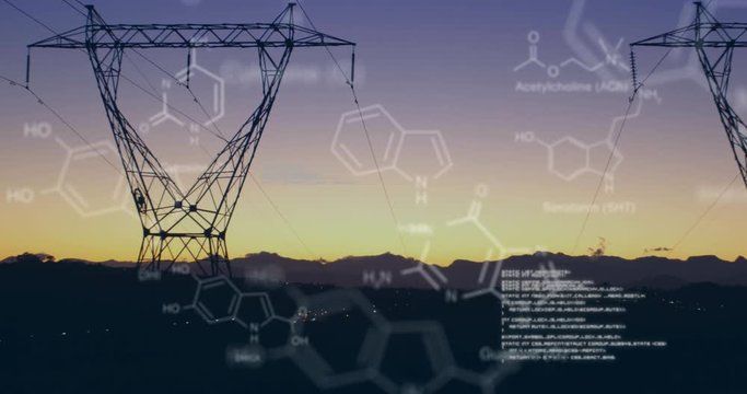 Chemical structures with program codes and a background of transmission towers