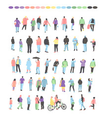 Set crowd of people characters performing various activities. Group of men and women flat design style cartoon characters