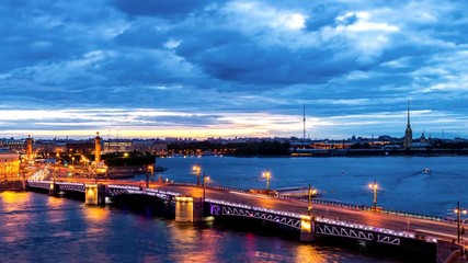 St. Petersburg, opening Palace bridge. Time-lapse photography view from the roof to Neva water area, Peter and Paul Fortress, Palace bridge and the Spit of Vasilyevsky Island