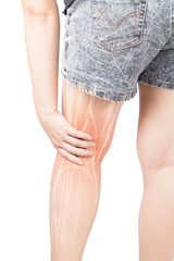 woman hold calf muscle feel pain white background calf injury