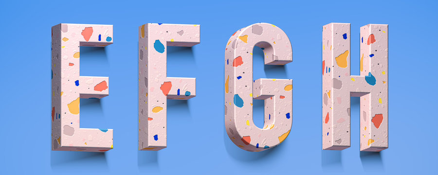 Trendy terrazzo stone texture. Font alphabet letter e, f, g, h shape with cute color details. Lettering 3d illustration for your unique typography element in several concept idea with brilliant design