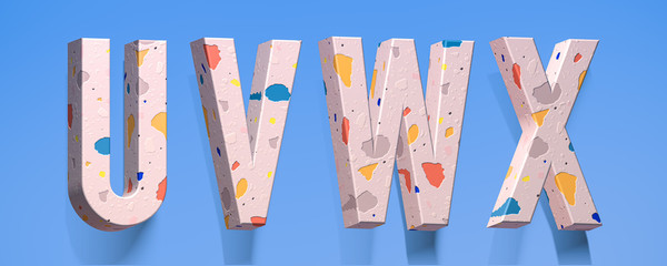Trendy terrazzo stone texture. Font alphabet letter u, v, w, x shape with cute color details. Lettering 3d illustration for your unique typography element in several concept idea with brilliant design