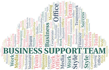 Business Support Team word cloud. Collage made with text only.