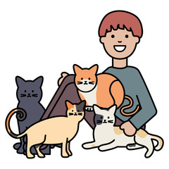young man with cute cats mascots