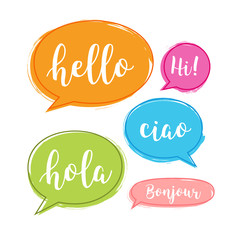Hello bubble in different language. English, italian, french, spanish speech school, hello concept © kolonko
