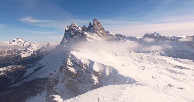 AERIAL: Mountains with snow in Dolomites in Italy