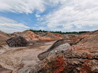 Clay Open Quarry Mars Landscape with red Water.  stone Texture. Erosion Crack Hill Desert Surface
