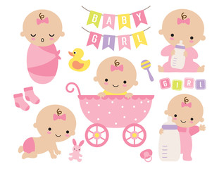 Vector illustration of pink baby girl set. Cute baby girl in a stroller with toys and accessories.