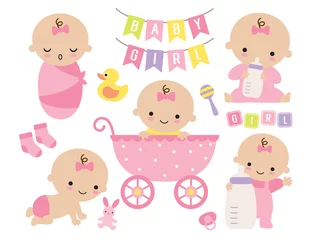 Fototapeten Vector illustration of pink baby girl set. Cute baby girl in a stroller with toys and accessories. © JungleOutThere