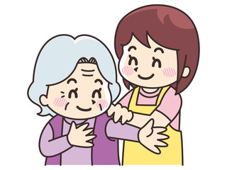 高齢女性に更衣介助を行う介護士の女性