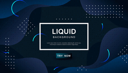 Dynamic abstract wavy background. Modern black and blue light fluid shape with geometric dots composition. Dark background vector illustration.