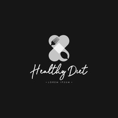 Healthy Diet with Cutlery Logo Template Vector in Black and White