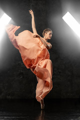 Ballerina. A young dancer dressed in a long peach dress, pointe shoes with ribbons. Performs a graceful, graceful dance movement on the background of the bright light of the window.  Ballet  school.