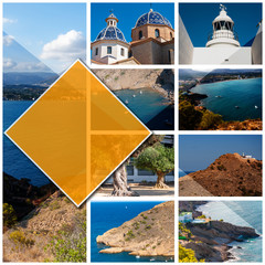 Collage photos of Altea, Spain, in the square 1:1 format. Town on the Mediterranean coast of the white coast, a tourist destination in Spain.